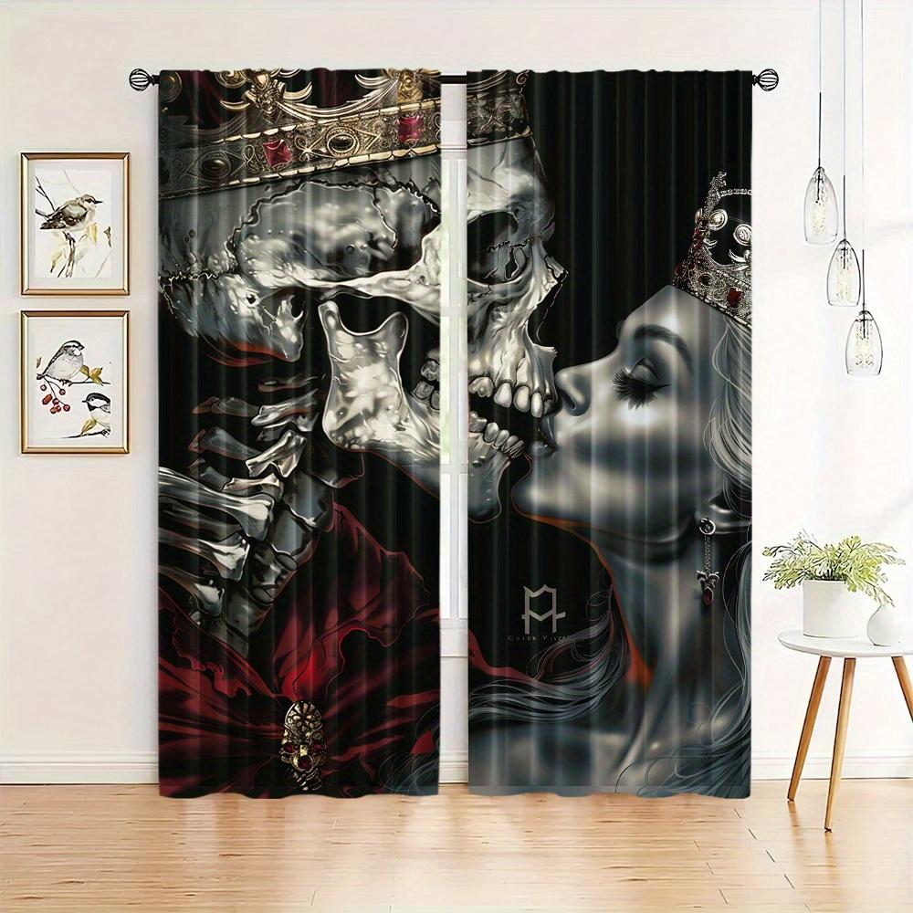 2pcs Halloween Red Rose Gothic Skeleton Rod Pocket Curtain For Living Room Bedroom Office Child Room Decor Study Coffee Shop