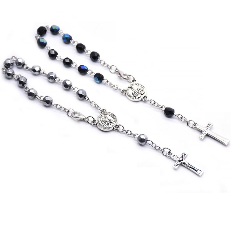 QIGO One Decade Rosary Crystal Bracelet Crucifix Cross Religious Jewelry With Fatima Box For Men Women