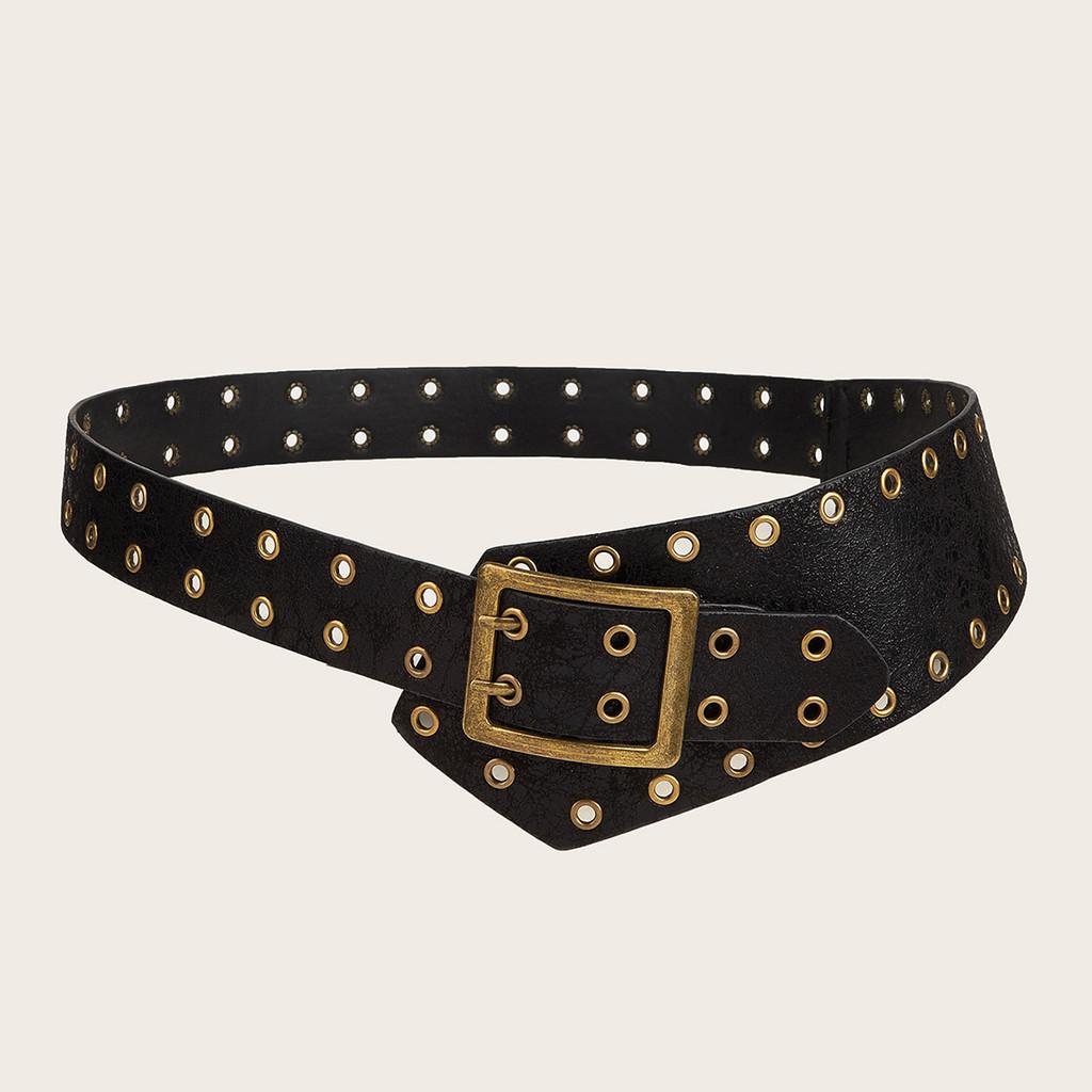 Vintage Street Style Pu Leather Belt For Women With Double Pin Buckle And Metal Rivets