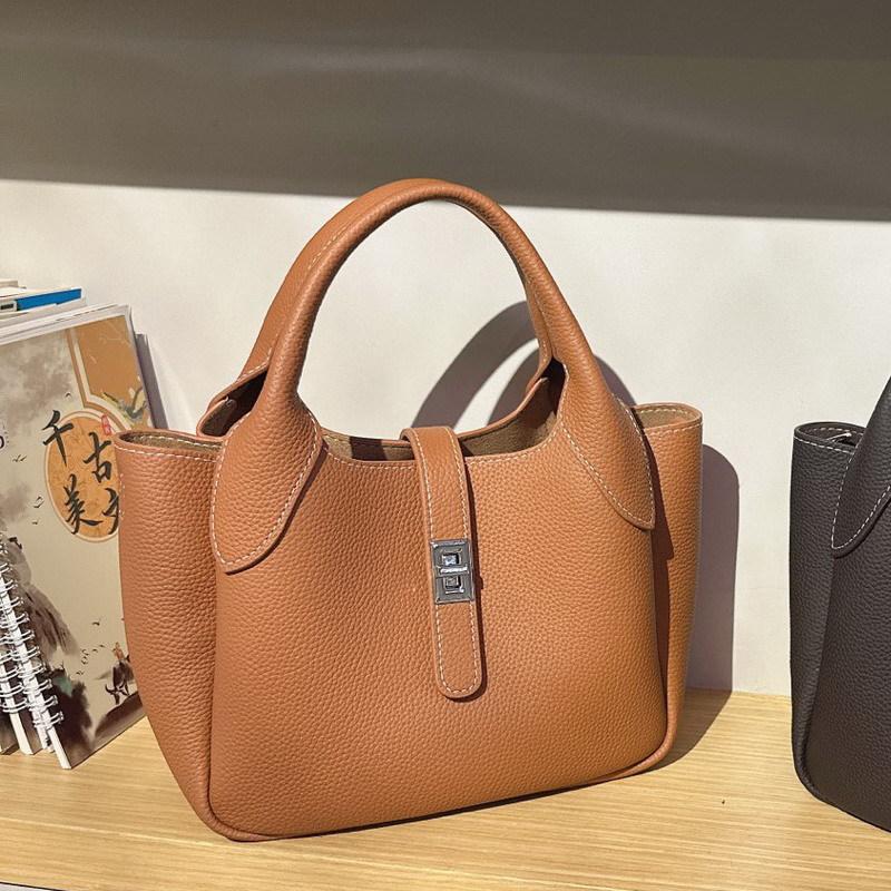 New first-layer cowhide leather high-end bucket bag vegetable basket bag single shoulder crossbody handbag women's bag