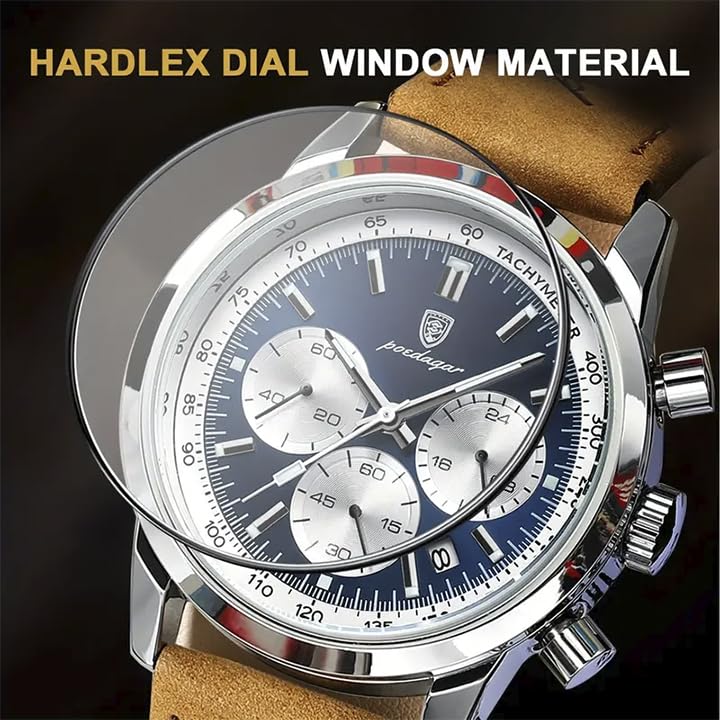 POEDAGAR Men's Quartz Chronograph Watch, Stylish, Perfect for School or Student Use, Silver and Navy, Leather [Parallel Import]