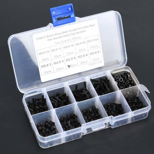 Hex Socket Head Bolt and Nut Kit, 300 Pieces M2.5 Machine Screws, Alloy Steel Round Head Screws, Flat Head Bolt and Nut Kit Repair Tool with Storage C