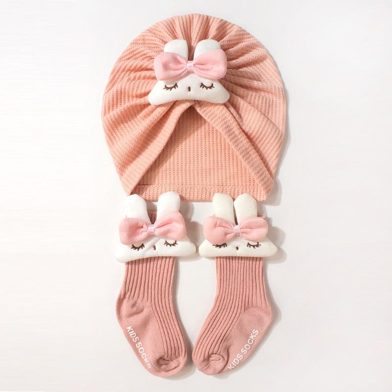 New children's hat set, cute solid color bunny baby stockings, soft hat sock cover