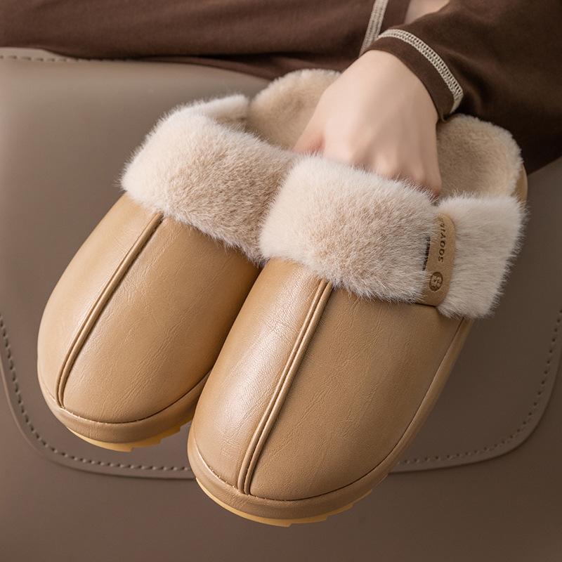Waterproof cotton slippers autumn and winter 2025 new home warm thick bottom PU leather surface antibacterial cotton slippers