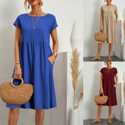 Fashion Summer OL Temperament Women's Cotton Linen Round Neck A-line Skirt Large Size Loose Dress