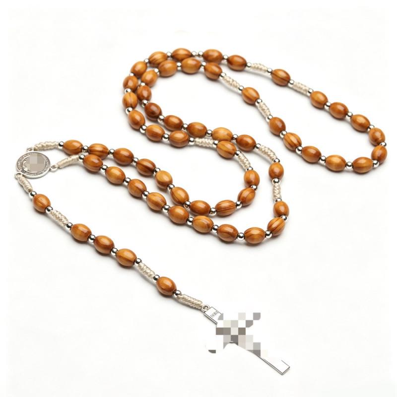 Natural Pine Wood Imitation Prayer Beads Necklace with Spacer Beads - Handwoven Cross-border Ornament, 10x8 Beads, with Spacer Beads.