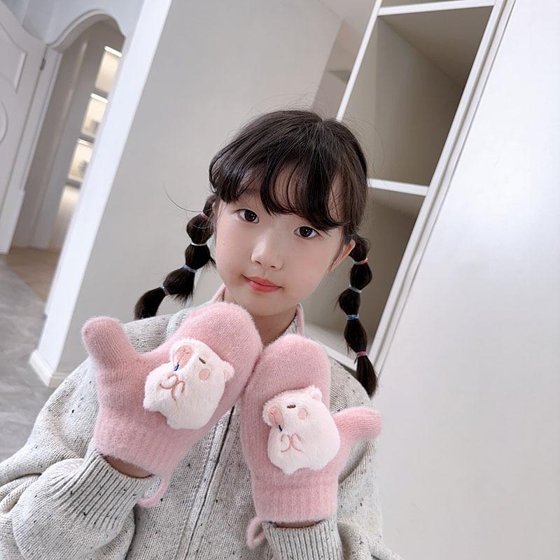 New Children's Gloves Autumn and Winter Korean Cartoon Cute Kapibara Velvet Thickened Warm Baby Gloves