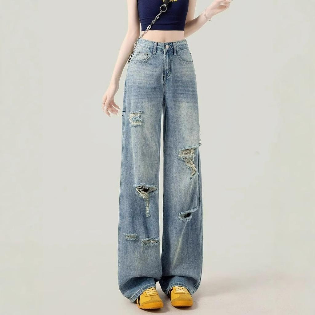 Blue Broken Holes Thin Jeans Women High-waisted Skinny Straight Dragging Trousers Wide Legs Show Legs Long Hundred Long Trousers Long Denim Pants