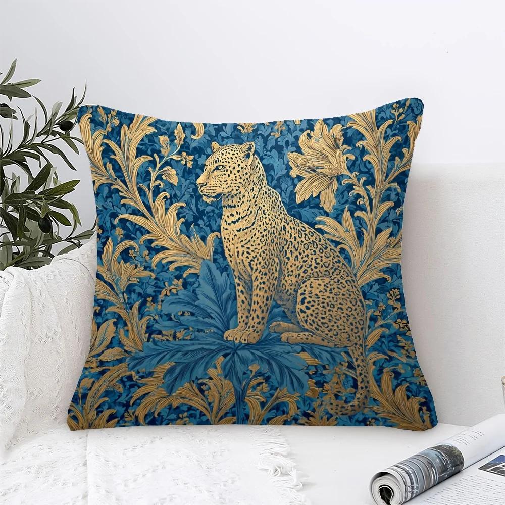 1Pc Vintage Leopard Floral Cushion Cover Blue Gold Botanical Animal Print Pillowcase For Sofa Bedroom Home Decor Decorative