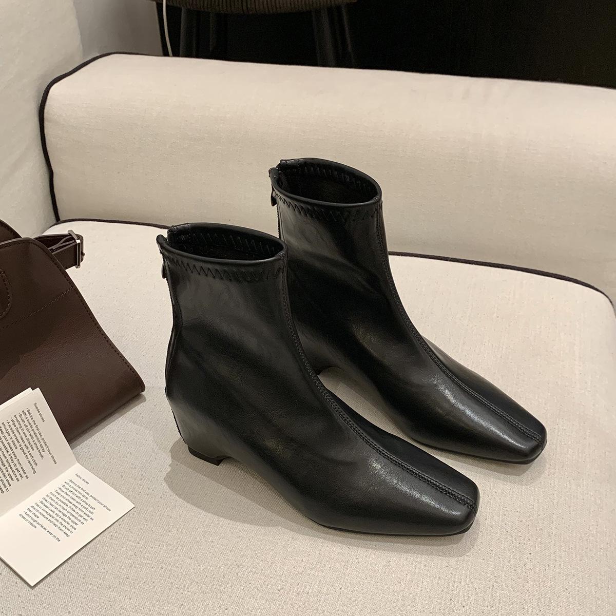 

Winter new heightening cm classic small square head versatile rear zipper thin short boots women 40