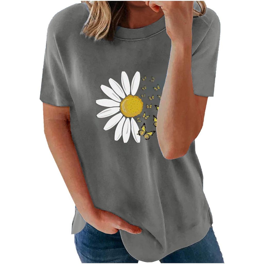 Adult Fashion Woman Round Neck Short Sleeve Tops T-Shirt Prints Loose Short