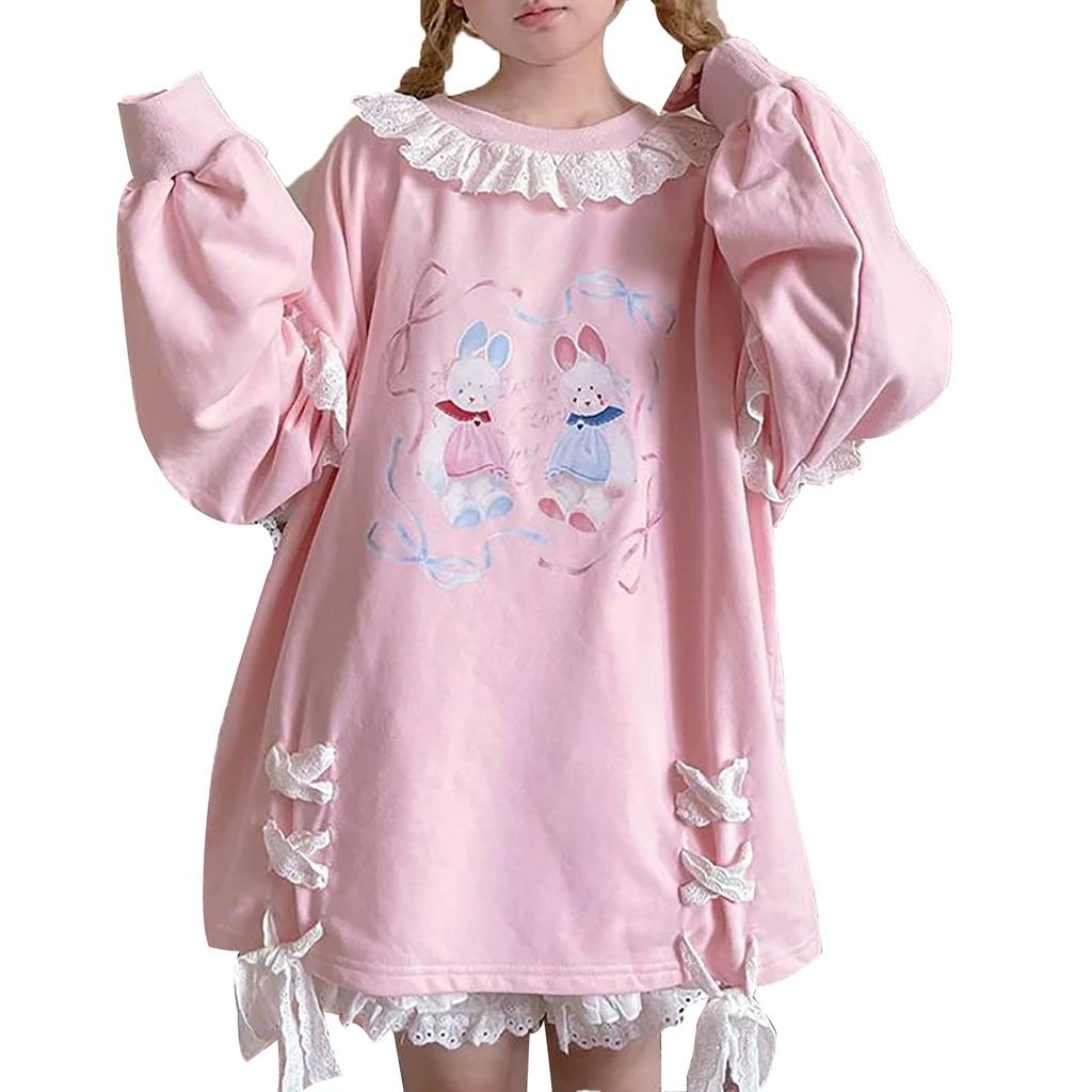 LAVASEON Cute Rabbit Print Long Lace Collar with Loose Korean Student Mori Girl Plus Sizes Hoodie, Length, Women's, Ribbon, School-Style, Fit,