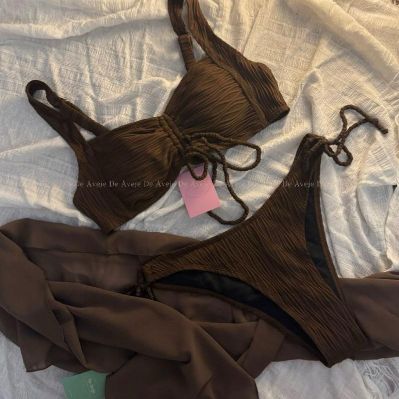 New sexy solid color bikini swimsuit fashion striped pleated triangle swimsuit split swimsuit women