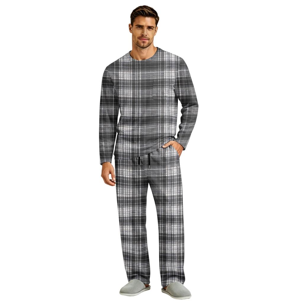 Men's Long Sleeve Pajama Set with Button Crotch and Elastic Drawstring Waist for Home Comfort