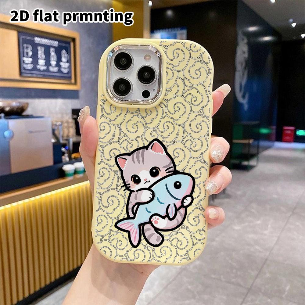 Phone Case: 2D Flat Design Suitable for iPhone 18 17 16 15 14 13 Pro Protective Case, Couple Style, Gray Cat Hugging Colorful Fish, Christmas and Hall