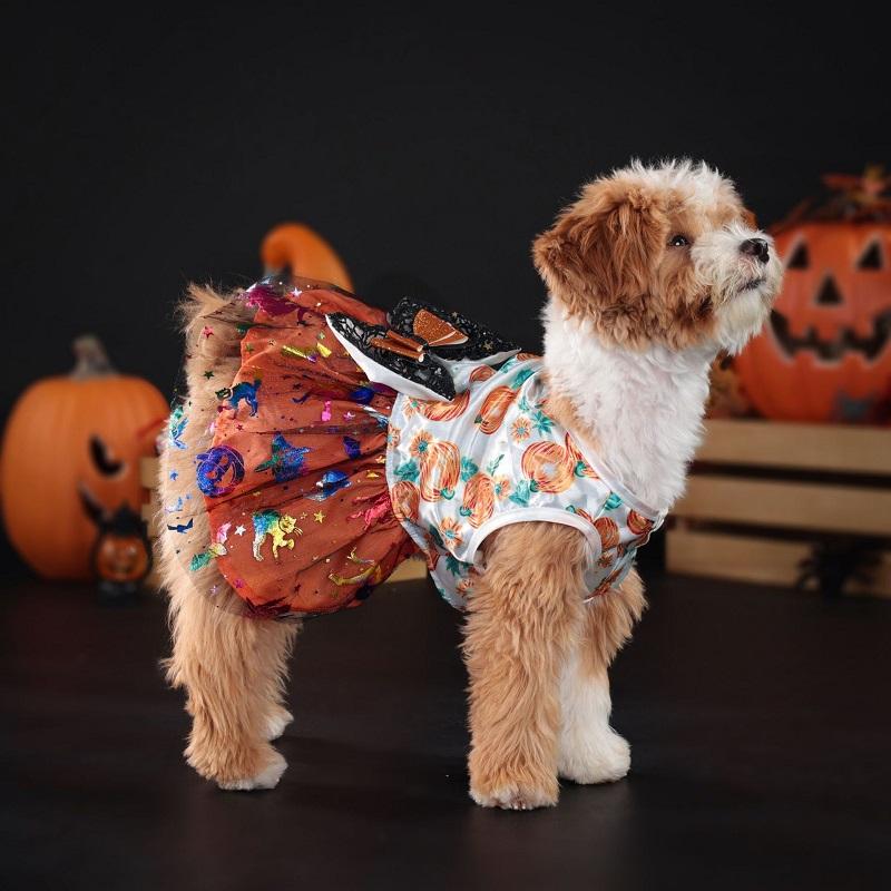 Halloween-Hundekleid mit Kürbismuster und Schleife, lustiger Rock, Chihuahua, Bichon, Hundekleider, Festival-Welpenkostüm, Haustier-Katzen-Hundekleidung