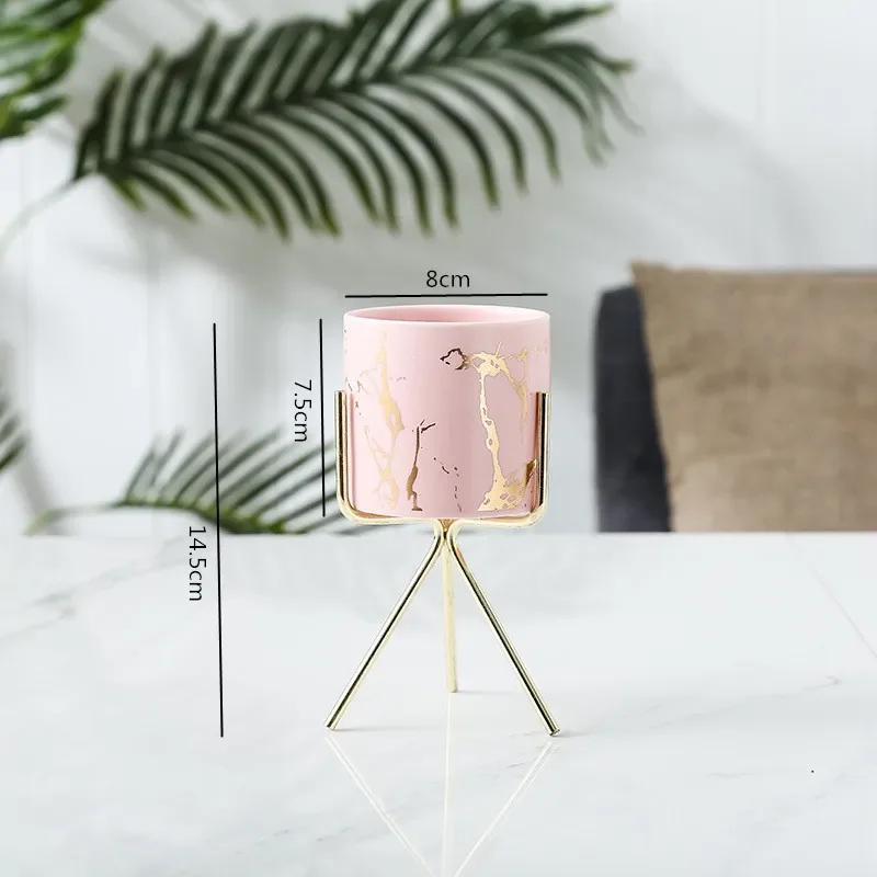 Nordic Ceramic Iron Art Marble Vase Pattern Rose Gold Green Table Plant Pot For Home Office Vases Decor Succulent Flower Pot