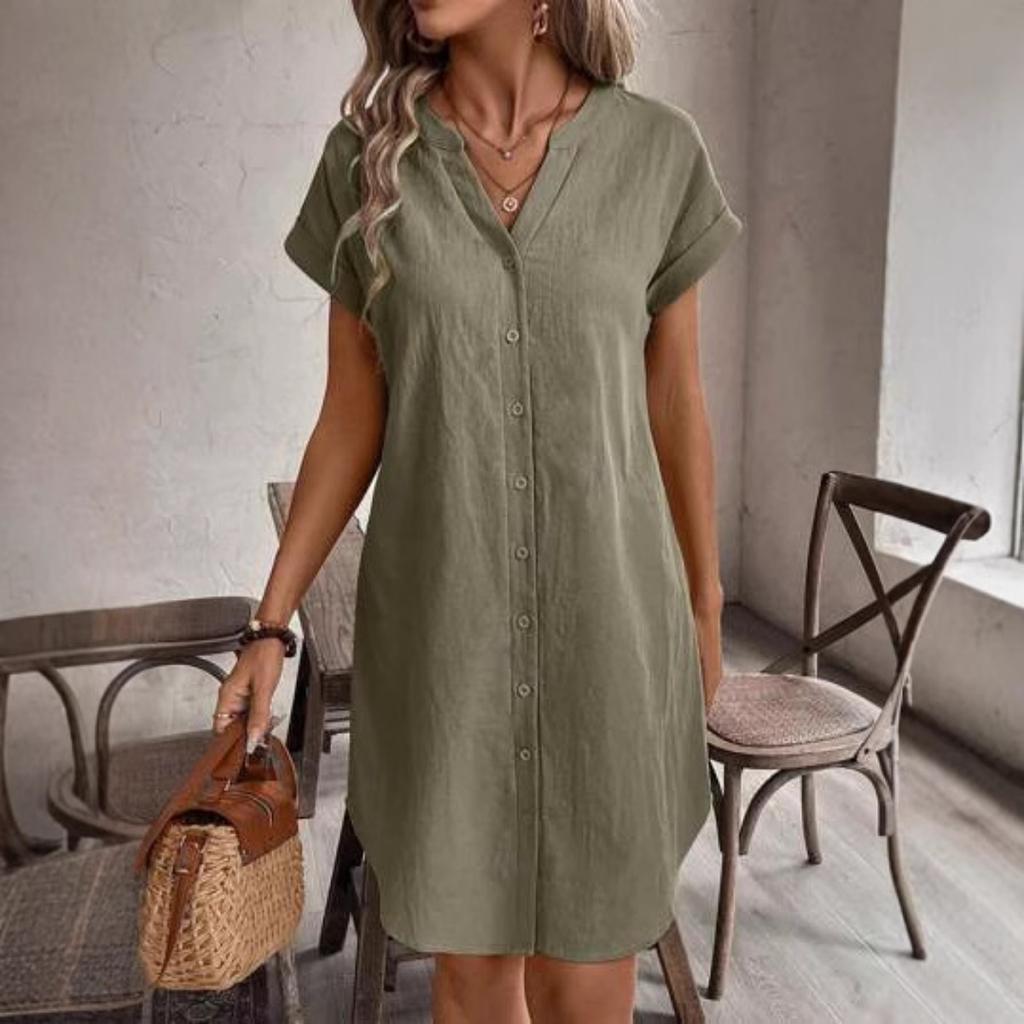 Ladies' Elegant Solid Color Button Up Front Short Sleeved Dress, V-neck, Short Sleeved - Casual, Casual Clothing | V-neck Dress | Short Sleeved Dress