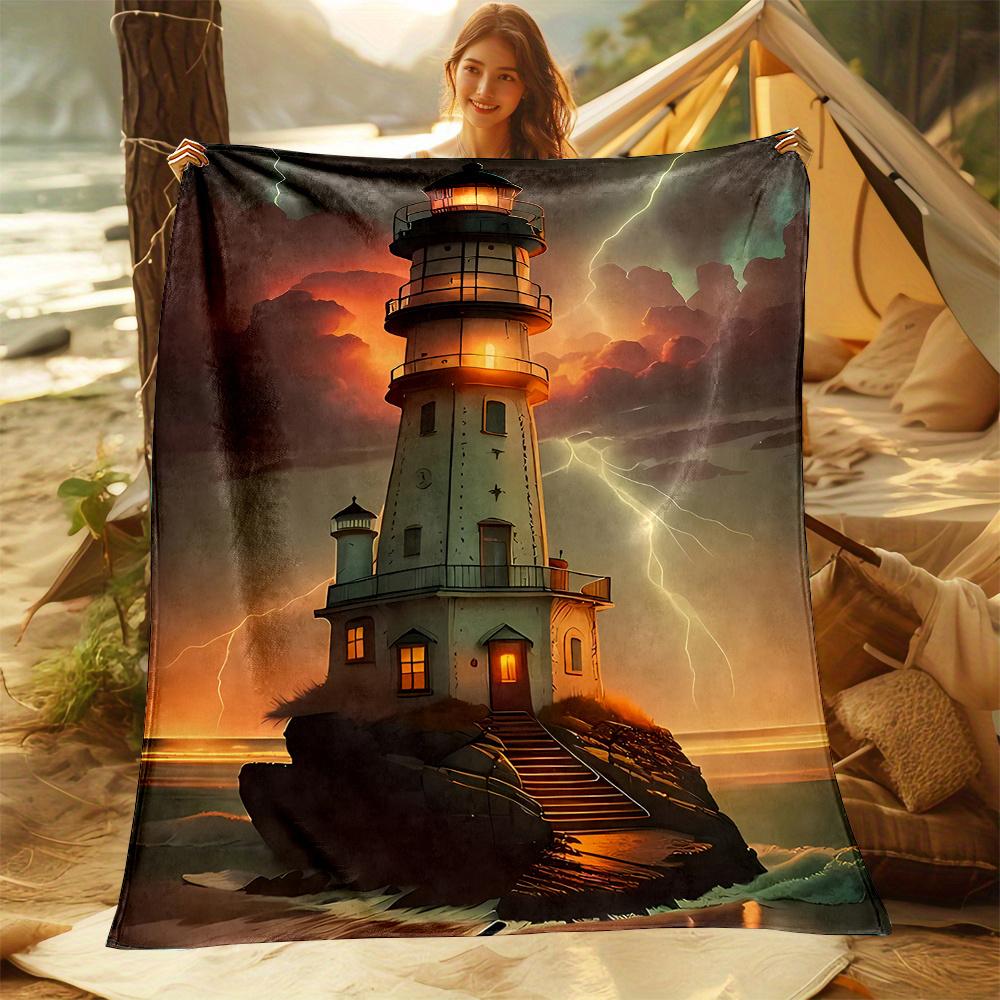 Lighthouse Pattern Fleece Blanket , Warm and comfortable throw blanket sofa bed sofa camping trip, the best gift.