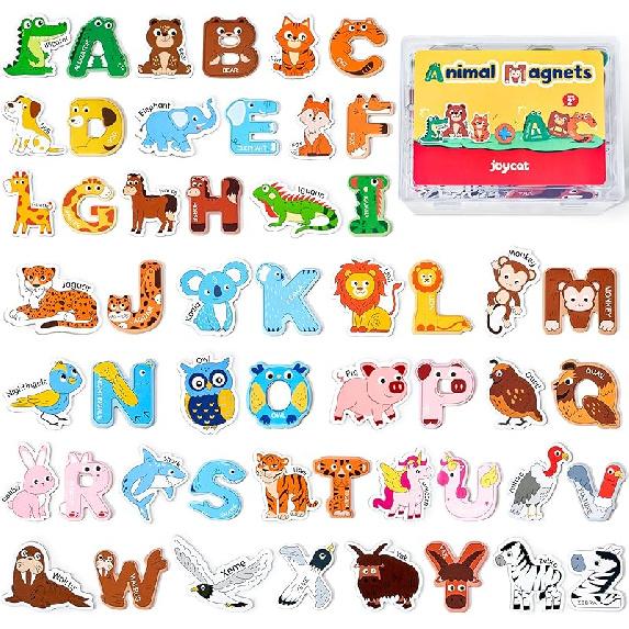 JoyCat Wooden Thick Alphabet Magnets for Toddlers Fridge Large Size Cute Animal Colorful ABC Magnetic Letters 26 Uppercase Letters Educational Toy