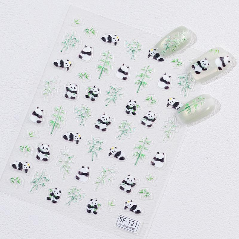 Sky Giant Panda 3D Embossed Nail Art Stickers - Chinese Style Bamboo & Cartoon Doll Design.