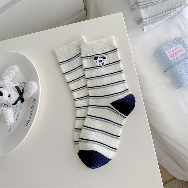 Cute Cartoon Striped and Color-blocking School-style Socks for Spring and Autumn, Plush Three-dimensional Puppy Fabric Label Socks