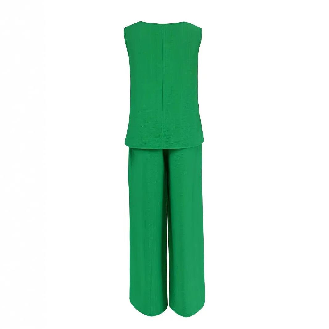 

Женский темно-зеленый топ без рукавов с V-образным вырезом и комплект брюк широкого кроя, повседневно-элегантный наряд с золотыми аксессуарами S зелёный