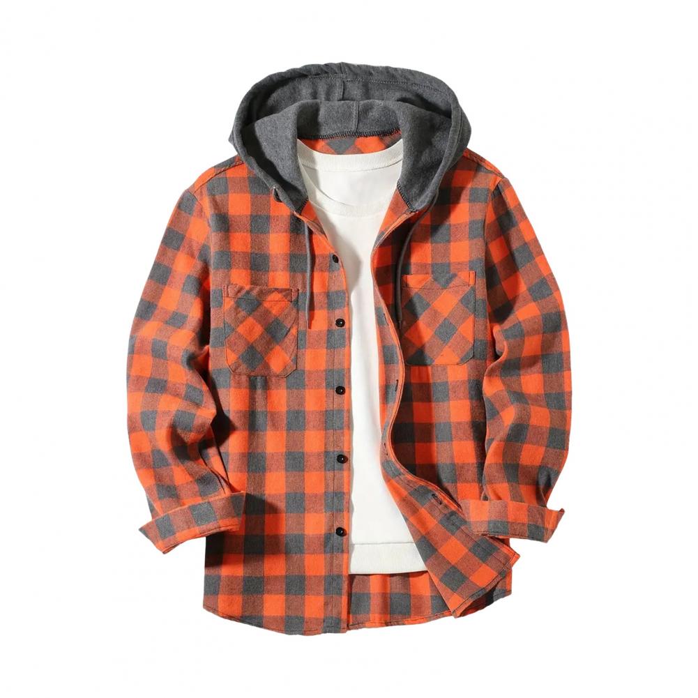 Fall Spring Men Shirt Hooded Drawstring Long Sleeves Color Matching Plaid Print Single-breasted Daily Wear School Home Shirt Coa
