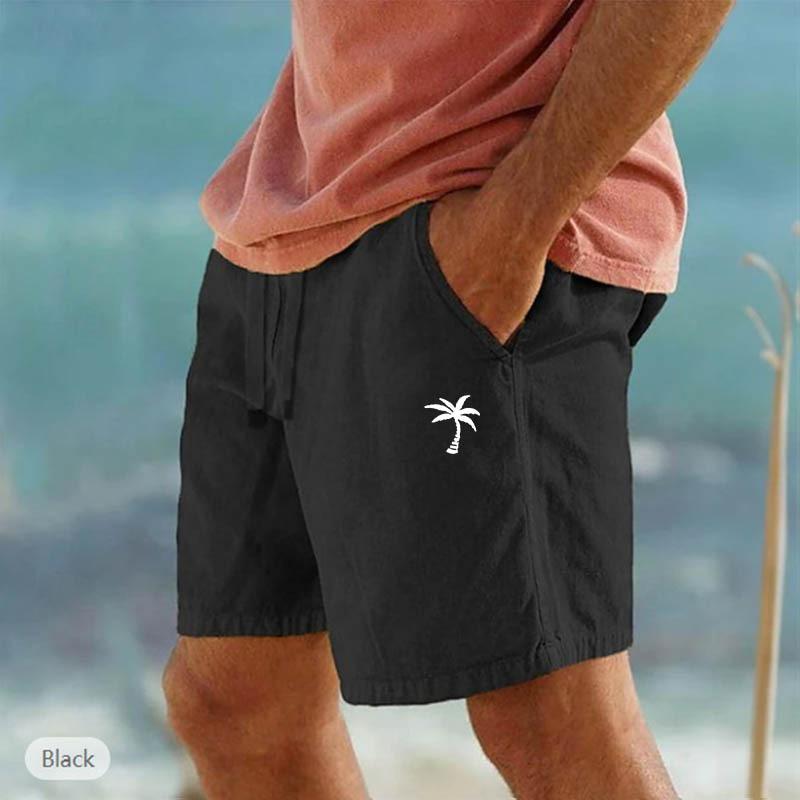 Cross-border New Coconut Printed Linen Shorts Drawstring Elastic Waist Solid Color Breathable Beach Five-point Casual Pants