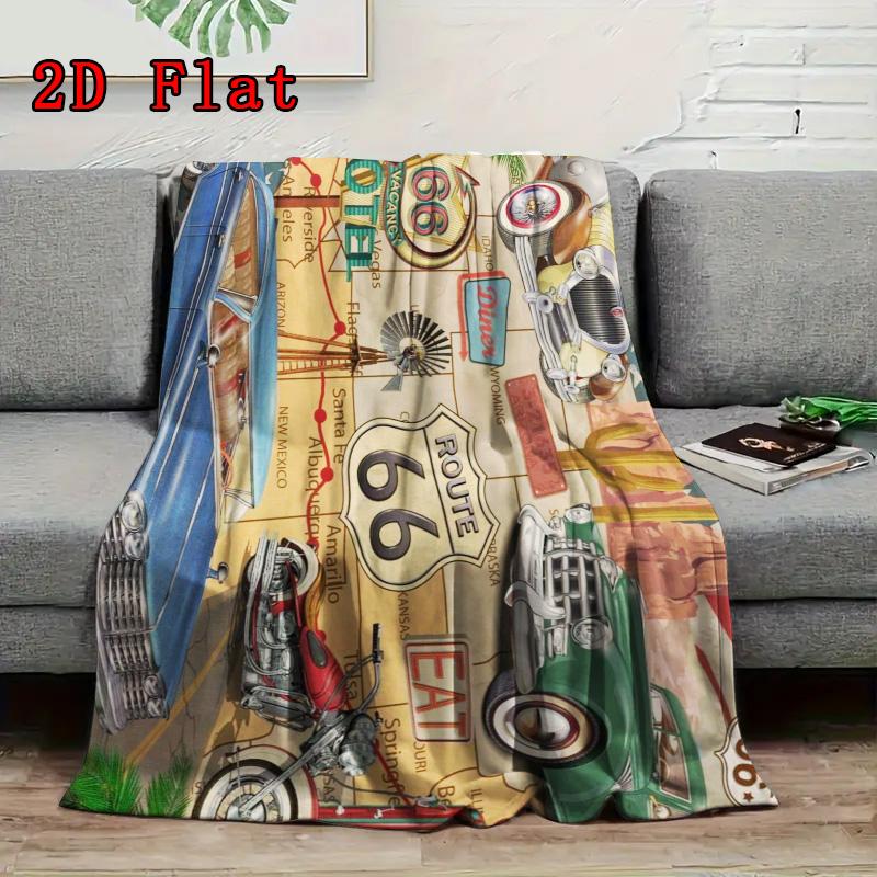 Vintage Route 66 2D Flat Pattern Flannel Blanket High Quality All Seasons Warmth and Comfort Perfect for Christmas Gifts.MMT0918206