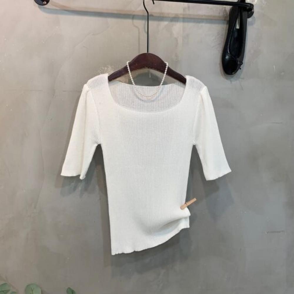 C S In The Room Zuma Square neCk Ribbed Short Sleeve Knit 4 Color