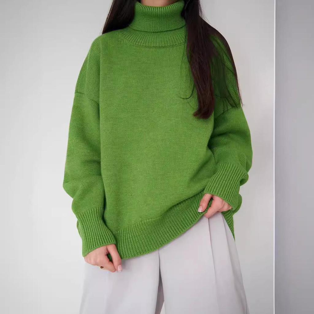 Autumn/Winter 2024 Solid Color High-Neck Casual Loose Knit Sweater