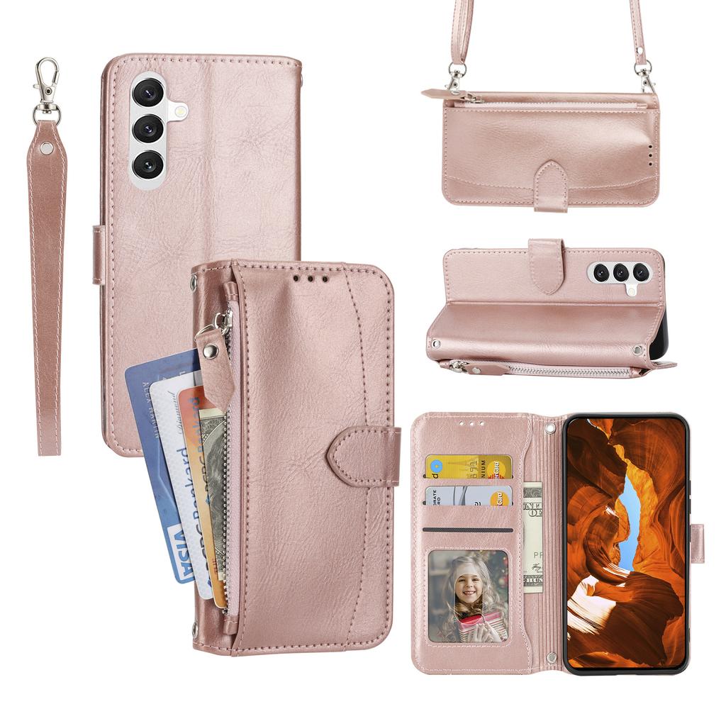 For Samsung Galaxy A57 5G Case Zipper Pocket Leather Phone Cover with Crossbody Shoulder Strap
