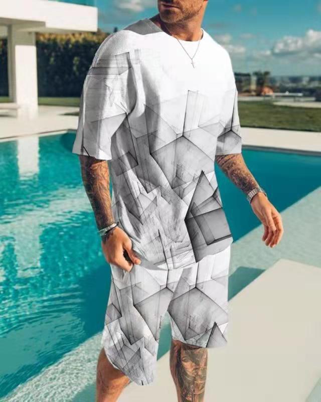 European and American 3D digital printing men's summer short-sleeved beach pants set trendy T-shirt set, manufacturer