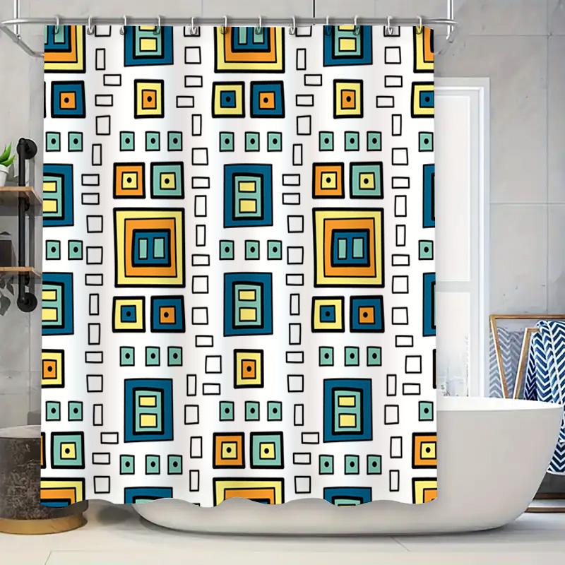 Modern Geometric Bathroom Shower Curtain With Blue, Yellow, And Teal Squares White Background Decorative Waterproof Fabric W60H190(CM)-1 Pcs