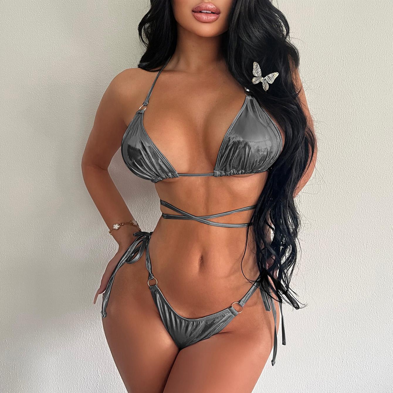 

Женский сексуальный глянцевый треугольный раздельный бикини-костюм, летний купальник-стринги с завязками по бокам, эластичный купальник-бикини с открытой спиной и шнуровкой L серебряный/чёрный