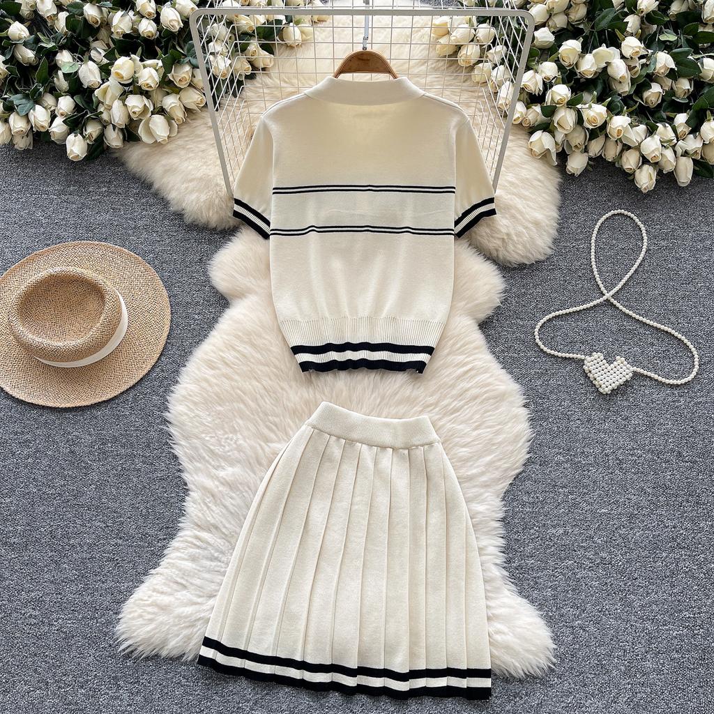 Summer Women Knitted Sweater College Letter Two Piece Set Fashion Girl Single Breasted Cardigan Top and Mini Pleated Skirt Suit