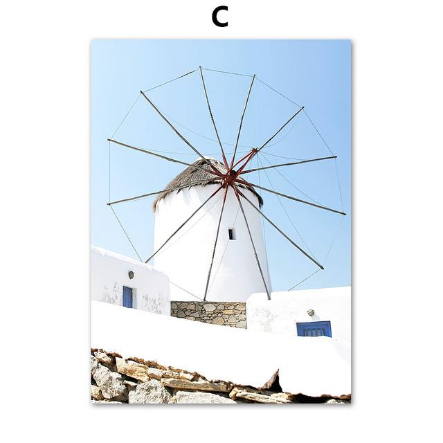 Blaue Ozean-Tür-Windmühle, Ägäis-Landschaft, Wandkunst, Leinwandgemälde, Santorini-Poster und Drucke, Wandbilder für Wohnzimmer-Dekoration