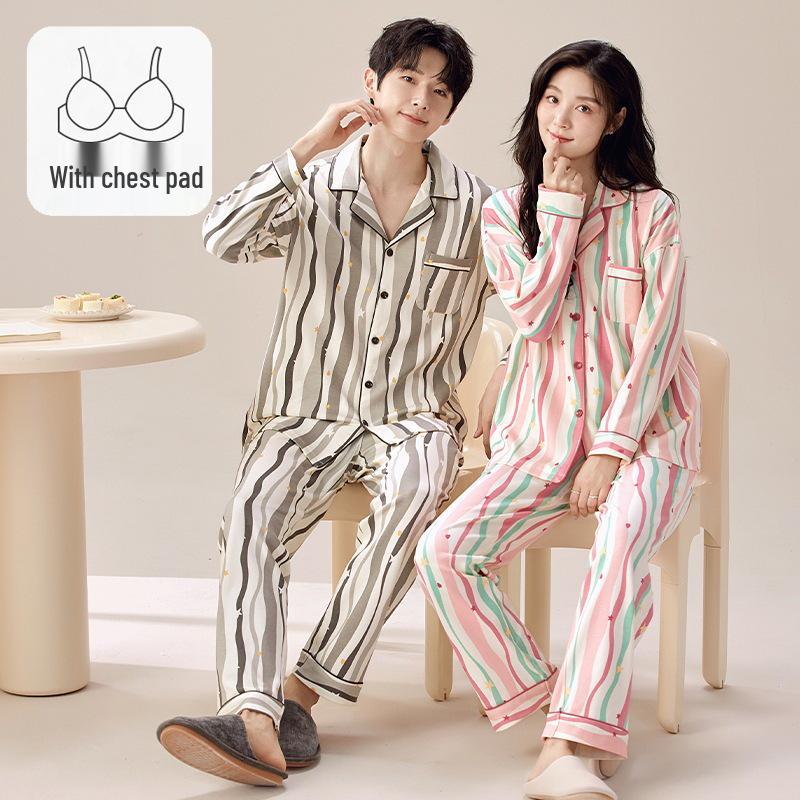 Couple's Korean Style Cotton Pajama Set with Long Sleeve Lapel Cardigan and Chest Pads for Plus Size Women and Men – Autumn/Winter Homewear.