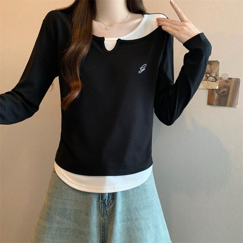 Two-piece Contrasting-color Long-sleeved T-shirts for Autumn and Winter, Women's Base Layer Tops with High-end Design Sense