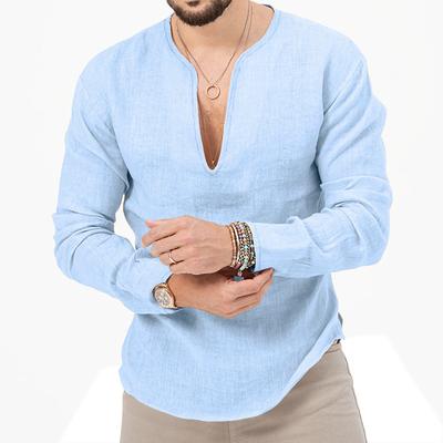 Camicia da uomo in cotone e lino di grandi dimensioni primavera estate, top a maniche lunghe in tinta unita con scollo a V profondo
