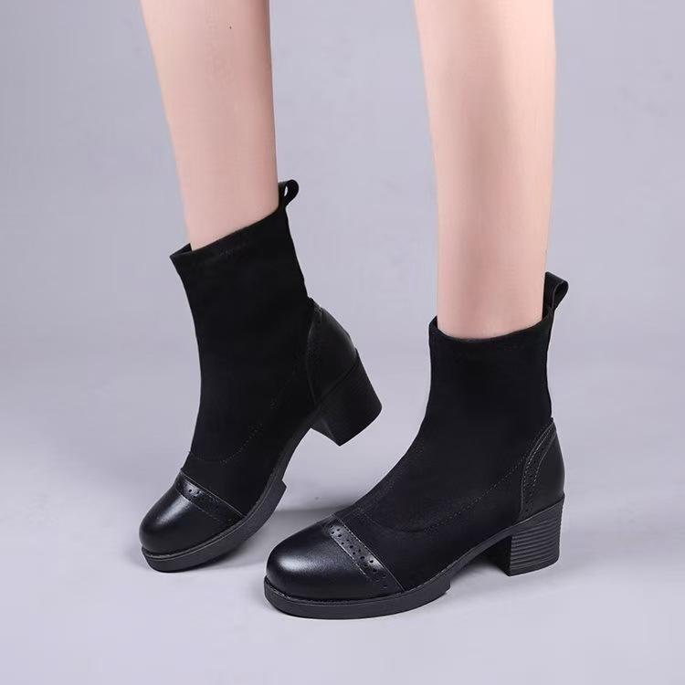Winter new versatile velvet warm elastic boots women's retro non-slip thick heel fashion thin boots
