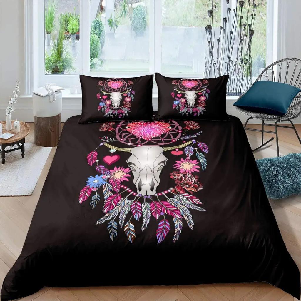 Cow Skull Duvet Cover Queen Sunflower Cattle/Bull Skeleton Bedding Set Botanical Floral Leaves Boho Tribal Polyester Quilt Cover