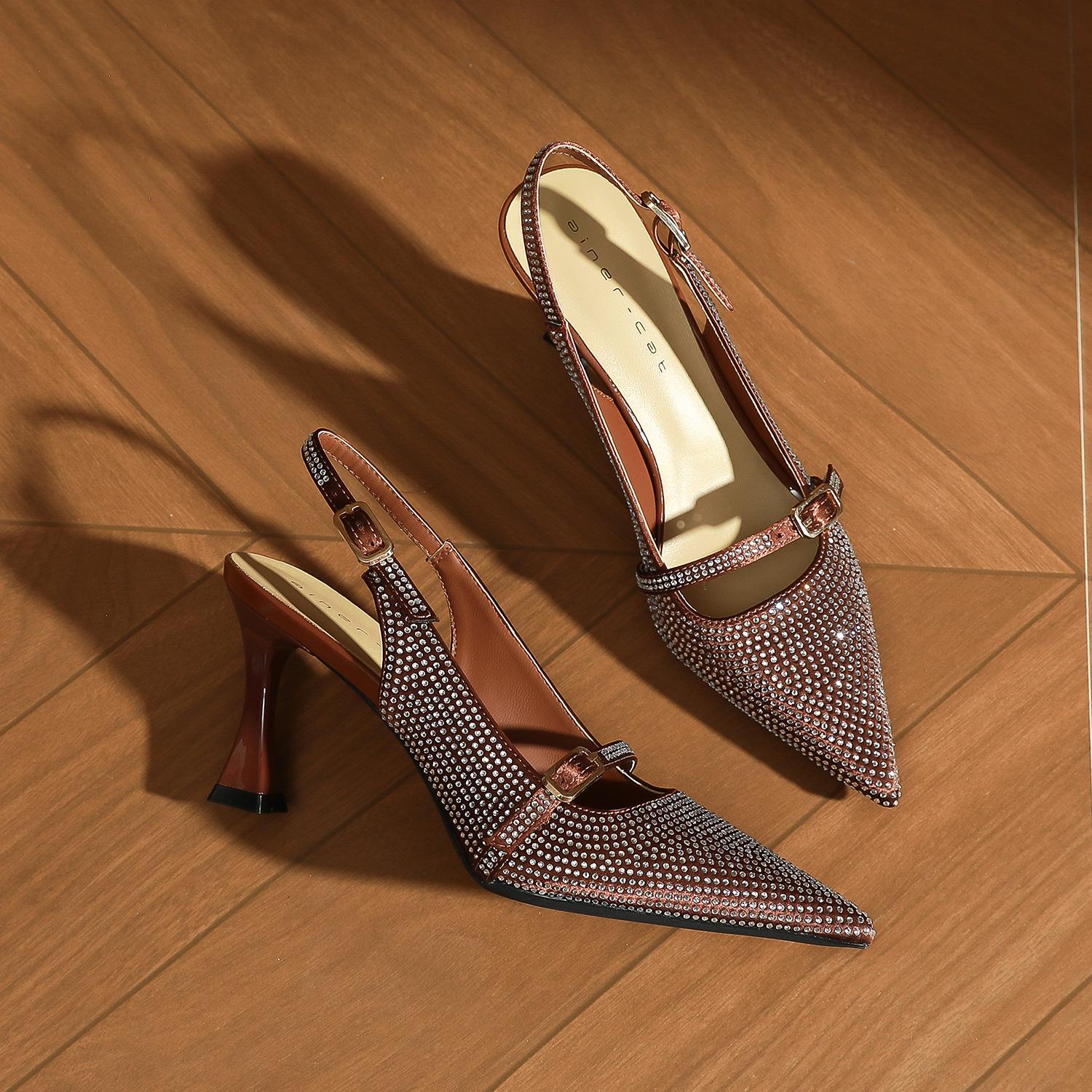 

73221 [sheepskin] high heels women s thin heels 2025 new pointed suede temperament rhinestone rear empty sandals 39