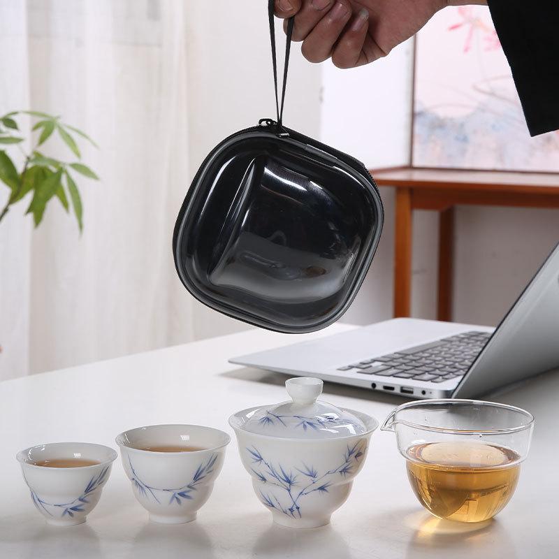 

Bamboo shadow green applique light luxury express cup, one pot and two cups, portable travel tea set, teapot, teacup small set with hand