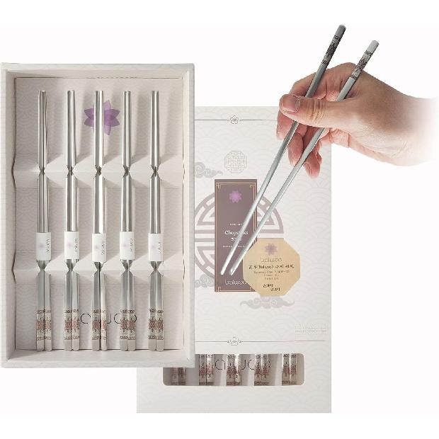 Korean Flat Chopsticks [5 Sets][Made in Korea] 304 Premium Stainless Steel Mukbang Utensil Cutlery Silverware Metal Chopsticks (Orchid Painting)