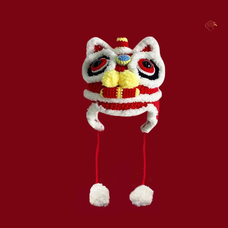 Lion Dance Parent-Child Wool Hat: Cute, Hand-Knitted, Warm Tiger Head for Autumn & Winter, Child & Adult Sizes.