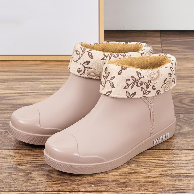 Winter Warm Fur Black Beige Purple Rain Boots Women's Fashion Non Slip Waterproof Short Tube Shoes Adult Rain Boots Velvet Rain