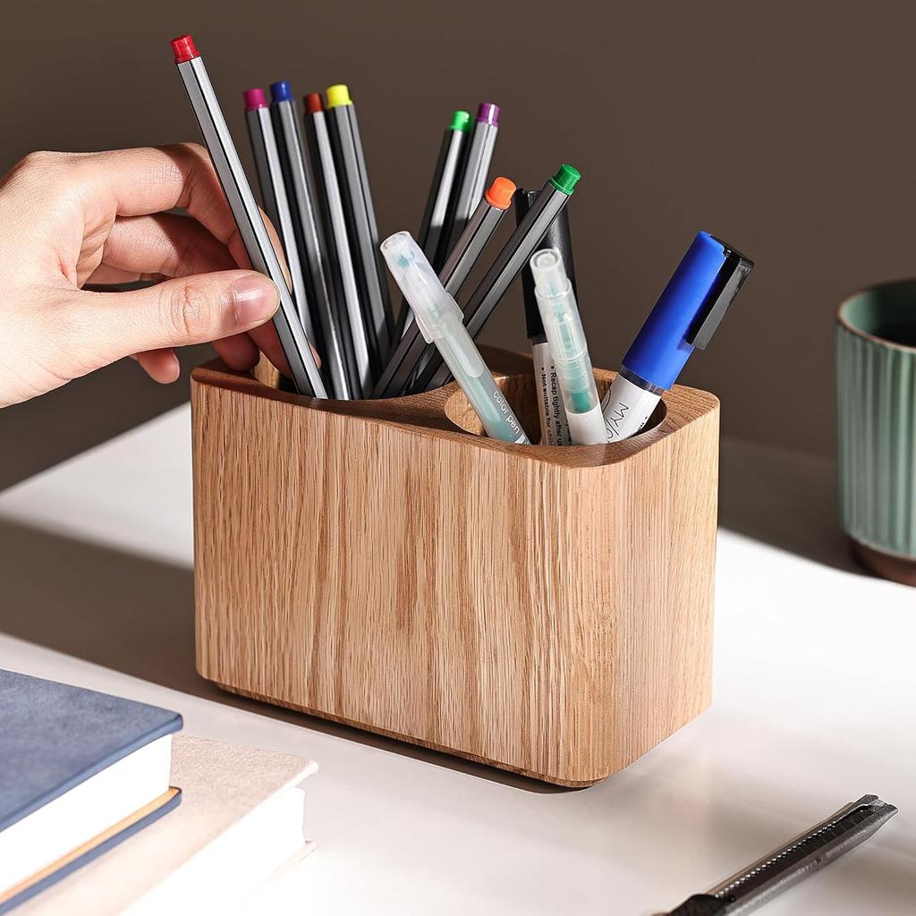 Oak Solid Wood Pen &Pencil Holder for Desk, Office Stationery Organizer, Table Pencil Cup Stand,Desk Accessories Holder, Two Cups Practical Design.