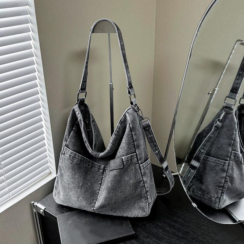 Vintage Denim Shoulder Bag Women's Large Capacity Messenger Bag Multi-pockets Satchel Adjustable Strap Ladies Crossbody Bag AVE